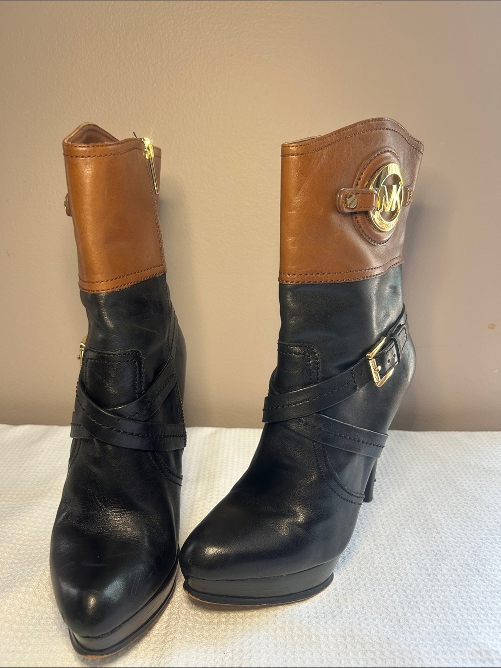 Michael Kors Black and Tan Leather Mid-Calf Heeled Boots with Gold Logo